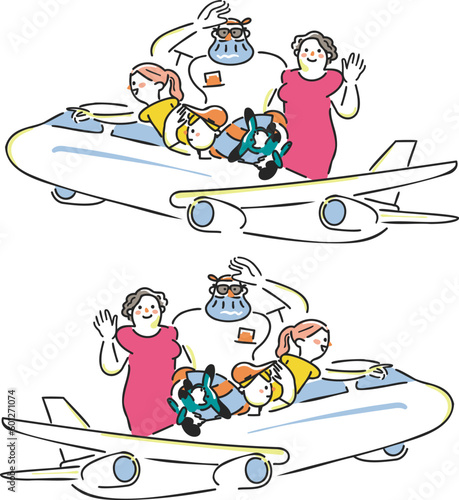 飛行機に搭乗している笑顔の家族連れ外国人旅行客　インバウンド　セット　イラスト素材
