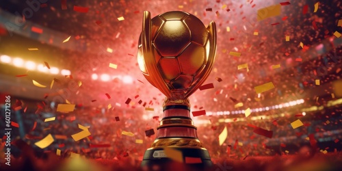 Golden trophy with confetti red background, Champion cup of sport competition. Generative AI
