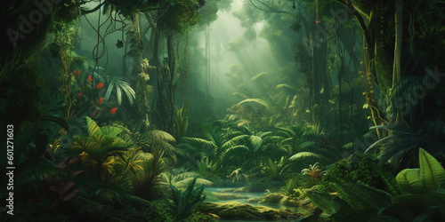 Deep tropical jungles. Dense forest landscape. Generative AI