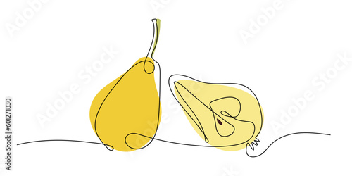 Continuous one line drawing pears. Abstract hand drawn fruit by one line. Organic simple icon with yellow spots on white. Fashionable trend vector illustration, Silhouette pear one line drawing fruit.