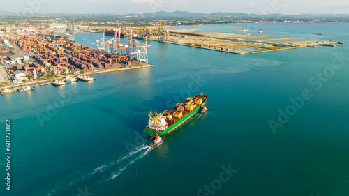 container ship business, logistic delivery service goods for import export international by sea, asia pacific , container ship transport, aerial view