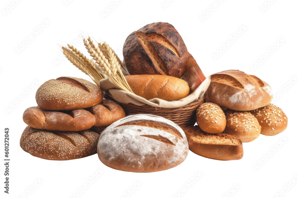 Obraz premium Assortment of baked bread. Loaves rolls and buns in a basket isolated on transparent background. PNG. Generative AI