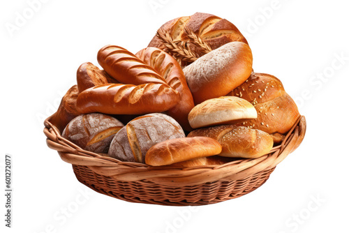 Bread loaves in a basket isolated on transparent background. Roll and buns assortment. PNG. Generative AI