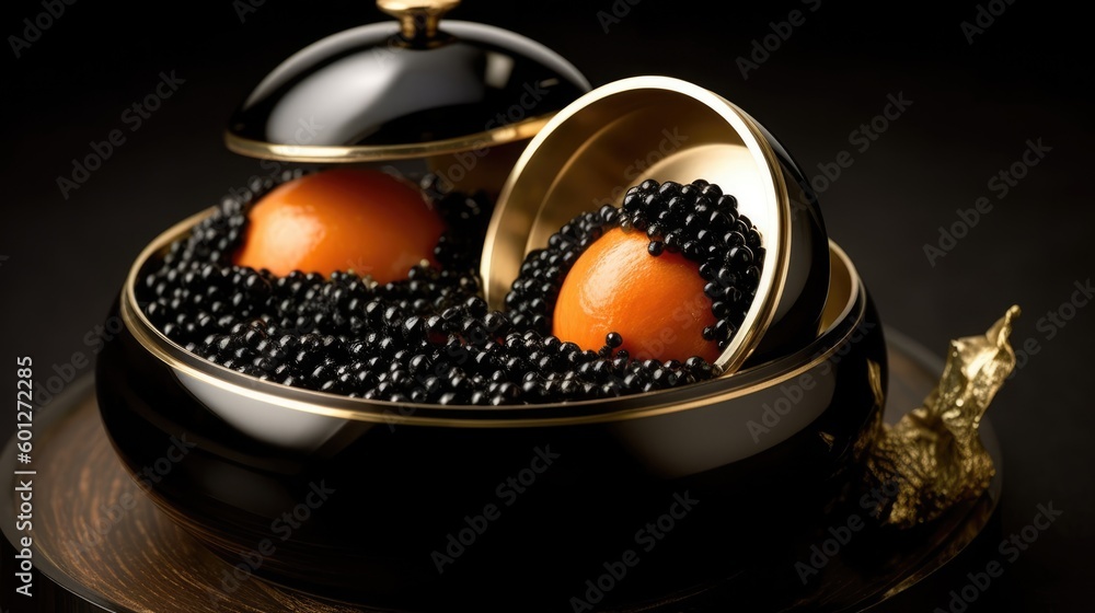 Black Caviar Presentation in 16:9 Aspect Ratio at a Michelin Starred Restaurant, Refined Gourmet Indulgence, Upscale Fine Dining Encounter, Generative AI Illustration