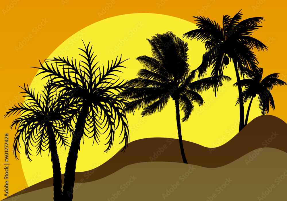 Silueta de palmeras de la costa en verano.