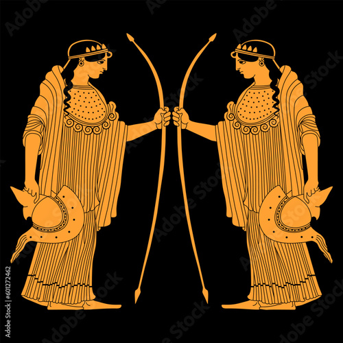 Symmetrical ethnic design with two standing warrior women. Ancient Greek goddess Athena holding bow and helmet. Vase painting style.