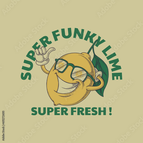 retro cartoon mascot of lime fruit wearing glasses