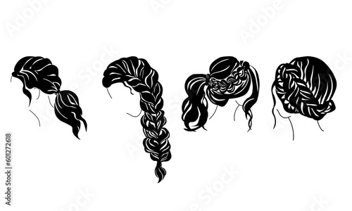 Set of silhouettes of elegant hairstyles with weaving, voluminous braids in fashionable styling