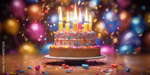 Happy birthday cake with candles, balloons and confetti background. Generative AI