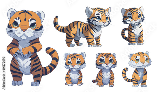 Tiger monkeys set with different poses and emotions. Tiger behavior  body language and face expressions. simple cute style  isolated vector illustration.