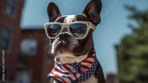 Patriotic Pooch: Boston Terrier Celebrating the Fourth of July Wearing Sunglasses
