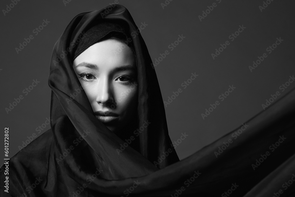 beautiful young woman in Hijab. Black and white portrait Stock Photo
