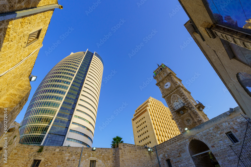 Minaret of Al Jarina Mosque with modern buildings, Haifa