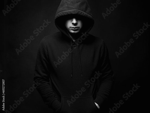 Person in Hood. Black and white portrait