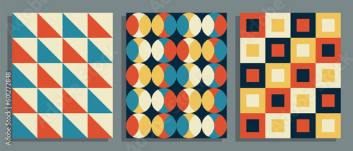 Abstract posters set. Geometric cover artwork, background design template. Seamless decorative pattern. Vector illustration.