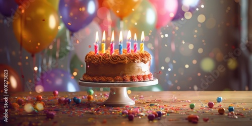 Happy birthday cake with candles, balloons and confetti background. Generative AI