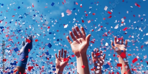 Fototapeta Naklejka Na Ścianę i Meble -  People hands rise up to celebrating party, sport winning, national event and holiday. Generative AI