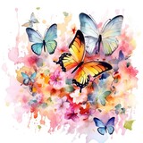 A lot of fantacy butterflies with spring flowers background. Beautiful Whimsical Butterflies watercolor Style. Colorful flowers and butterflies on a spring flowers background, Generative AI
