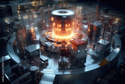 Theme of nuclear fusion. Large experimental setup in a laboratory with plasma being generated at high temperatures. Generative AI