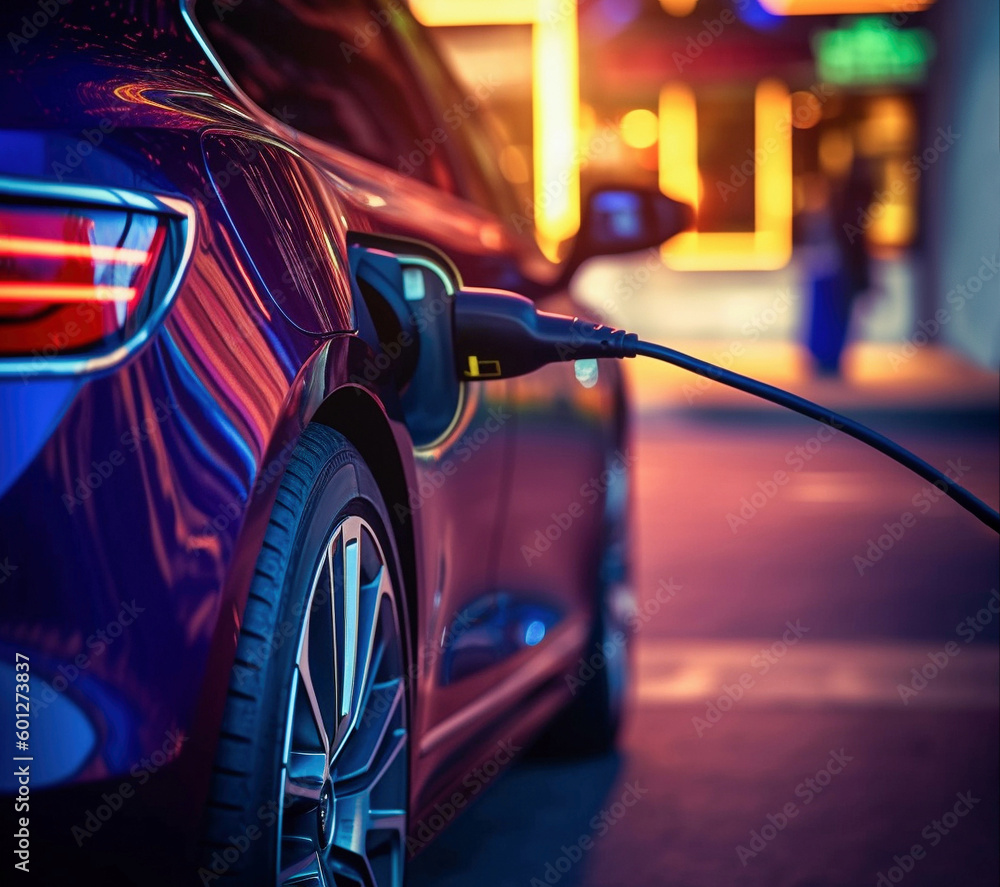 AI generative. Charging modern electric car battery on the street AI generative. Charging modern electric car battery on the street