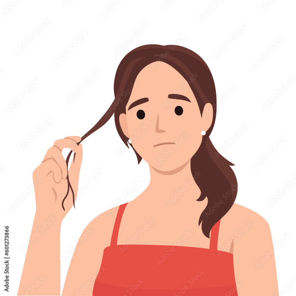 Sad girl with split ends problem cartoon vector illustration. Lack of vitamins, improper hair care. Flat vector illustration isolated on white background Sad girl with split ends problem cartoon vector illustration. Lack of vitamins, improper hair care. Flat vector illustration isolated on white background