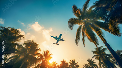 Airplane flying above palm trees in clear sunset sky with sun rays. Concept of traveling, vacation and travel by air transport. Beautiful sky background. Generative ai photo