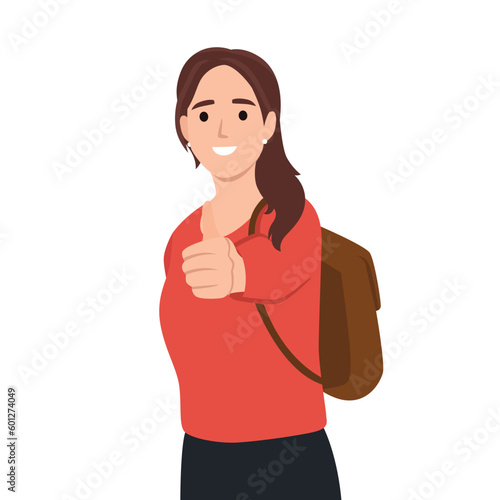 Young college student backpacking woman with thumbs up. Flat vector illustration isolated on white background