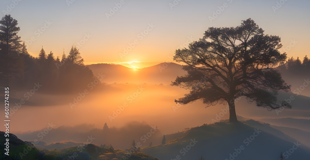 朝日が差し込む山の中の霧の自然の風景