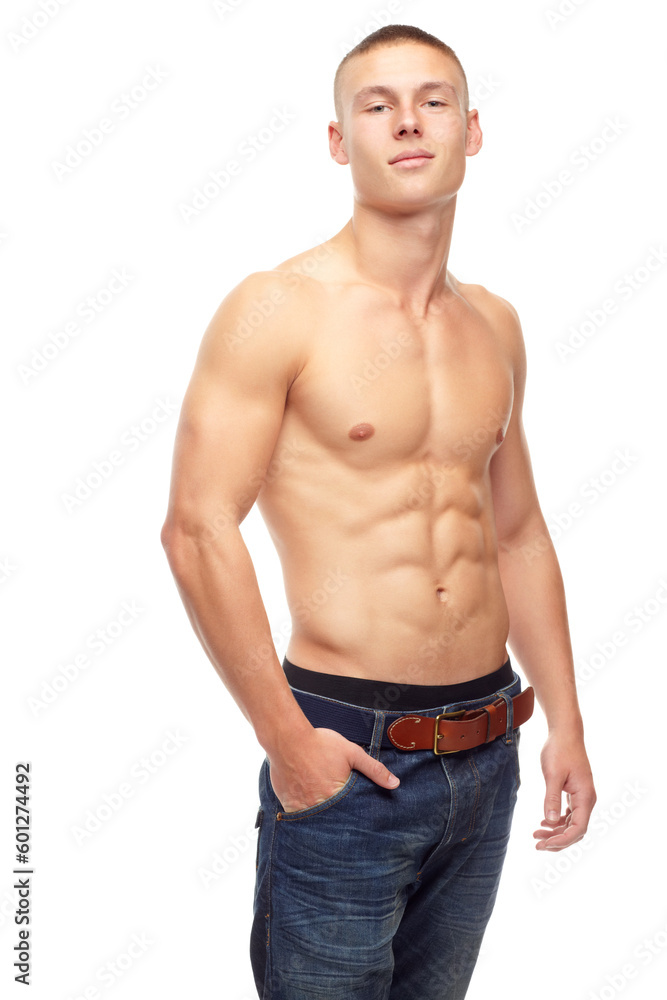Muscle, portrait and man with beauty, sexy and confident guy isolated against a white studio background. Face, male person and model with abs, abdomen and tors with bodybuilder, wellness and health