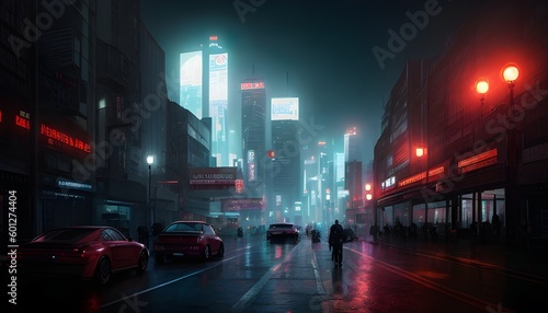 ネオンが輝く夜のサイバーシティの風景、サイバーパンク © sky studio
