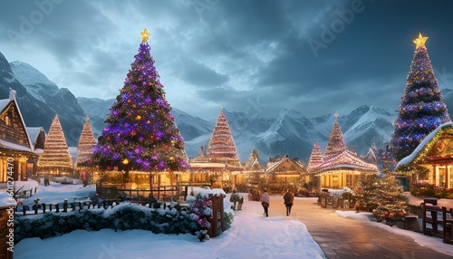 クリスマスホリデー：巨大なクリスマスツリーを飾る雪が降り積もる村の温かみのあるシーン © sky studio