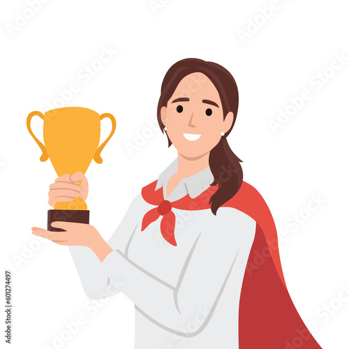Employee of month, woman on pedestal. Happy worker having outstanding performance in job, business, rewarded with a trophy, honors, money. Flat vector illustration isolated on white background