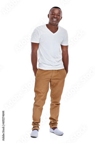 Happy, smile and cool with portrait of black man in studio for casual, fashion and trendy. Happiness, laugh and confident with male model isolated on white background for pride, natural and mockup © DK Casting/peopleimages.com