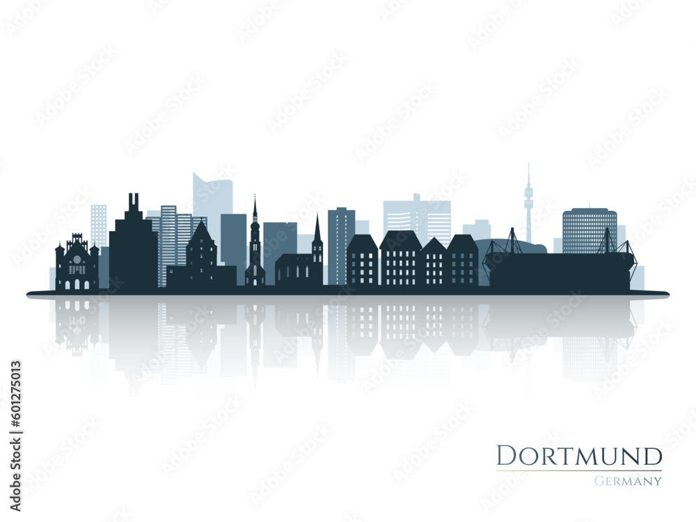 Dortmund skyline silhouette with reflection. Landscape Dortmund, Germany. Vector illustration.