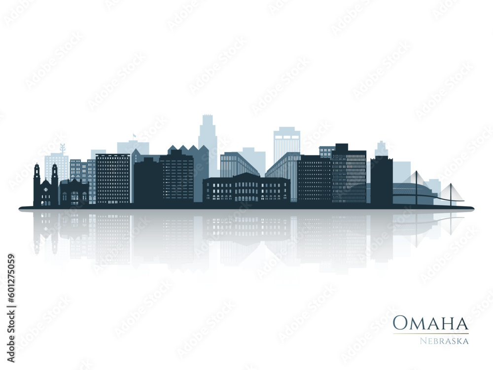 Omaha skyline silhouette with reflection. Landscape Omaha, Nebraska. Vector illustration.