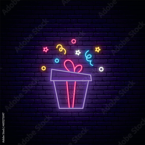 Neon gift box sign. Glowing present box illustration in neon style. Promotion or sale concept. Vector banner.
