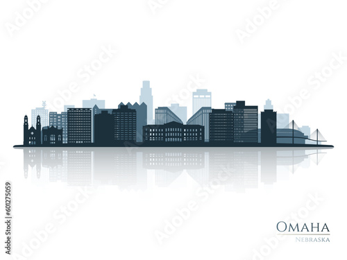 Omaha skyline silhouette with reflection. Landscape Omaha, Nebraska. Vector illustration.