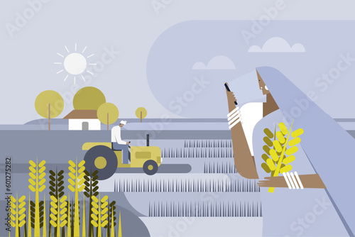 Illustration of an Indian rural woman in an agricultural field using a mobile phone.