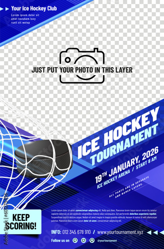 Ice hockey tournament poster template with puck and goal net