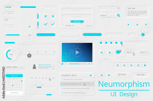 Neumorphism design graphic user interface concept - buttons, sliders, boxes etc. Vector illustration.