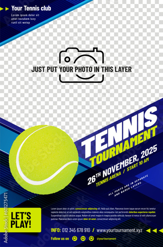Tennis tournament poster template with ball and place for photo