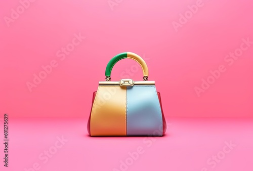 a small handbag is on a pink and green background, generative ai