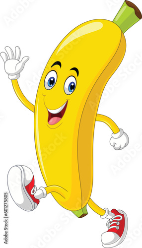 Cartoon banana running and waving hand