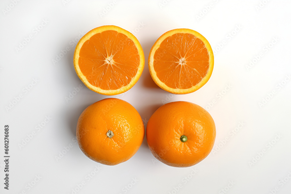 Creative fruits composition. Beautiful whole half sliced oranges isolated on white background. flat lay top side view Creative fruits composition. Beautiful whole half sliced oranges isolated on white background. flat lay top side view