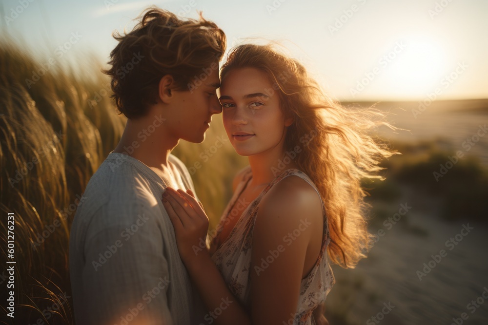 Young couple in love hugging on the beach as the sun sets, golden hour. Generative AI Young couple in love hugging on the beach as the sun sets, golden hour. Generative AI