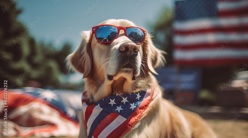 Patriotic Pooch: Golden Retriever Celebrating the Fourth of July Wearing Sunglasses - obrazy, fototapety, plakaty 
