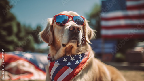 Patriotic Pooch: Golden Retriever Celebrating the Fourth of July Wearing Sunglasses photo