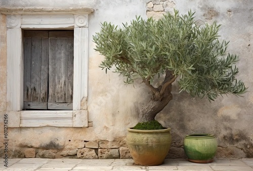 a small olive tree is in a container in front of an ancient building, generative ai