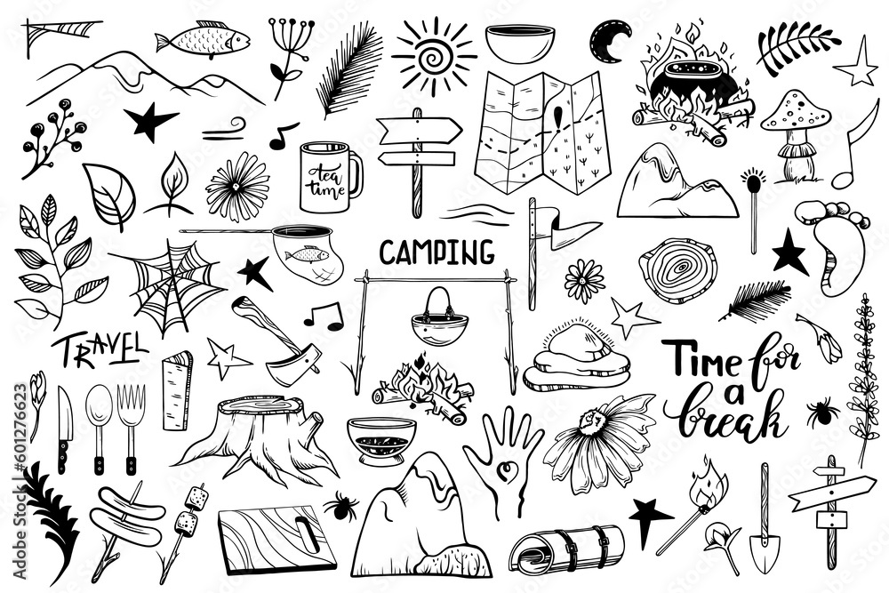 Big set picture for summer camp. Hand drawn camping and hiking elements. Food cooked over a campfire. Chopping of log on stump. Big set picture for summer camp. Hand drawn camping and hiking elements. Food cooked over a campfire. Chopping of log on stump.