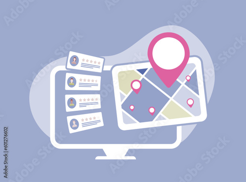 Local Search for small businesses concept. Local seo marketing strategy based on customer ratings and reviews. Local business listing, map and red pin icon, result with nearby places with star rating
